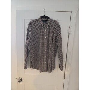 #161 Chaps Mens XL Brown/White Plaid Long Sleeve Button Down Shirt Easy Care